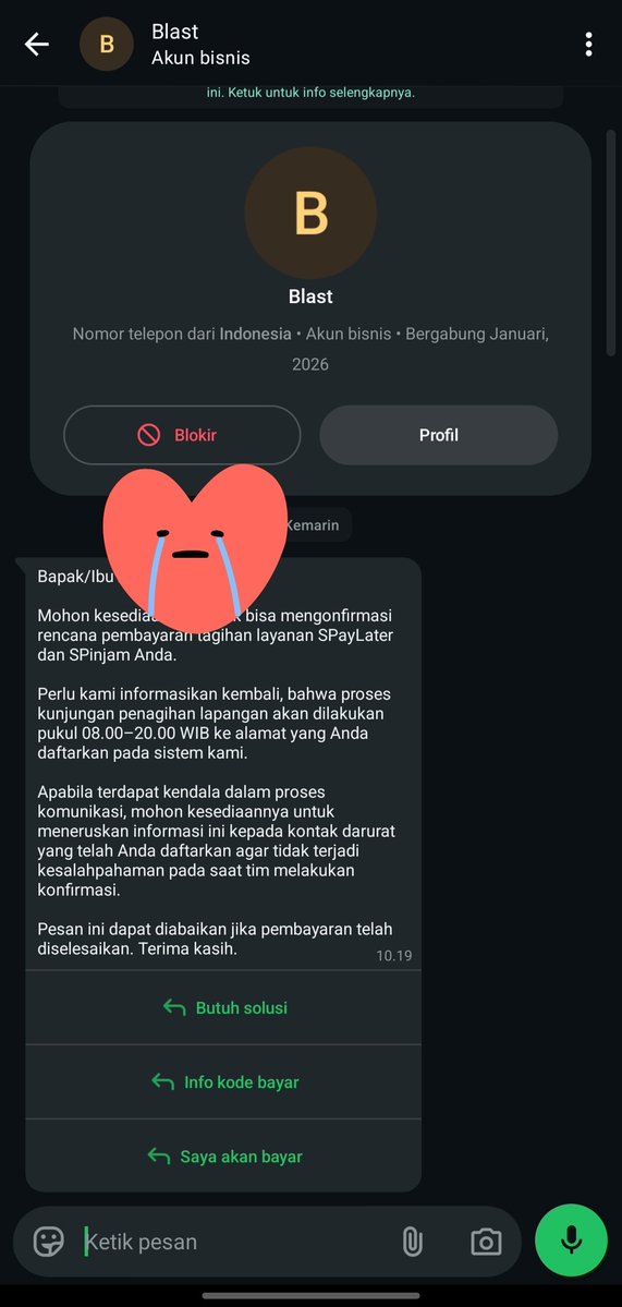 bukandwiirma's tweet photo. guys kalo blast gini tuh maksudnya apa ya? org org suka takut kalo ada wa dari blast tuh, aku beberapa kali dapet dan wa dari official juga, ga pernah lagi dapet wa dari decenya #wargadebtfree https://t.co/vPsvVnbME1