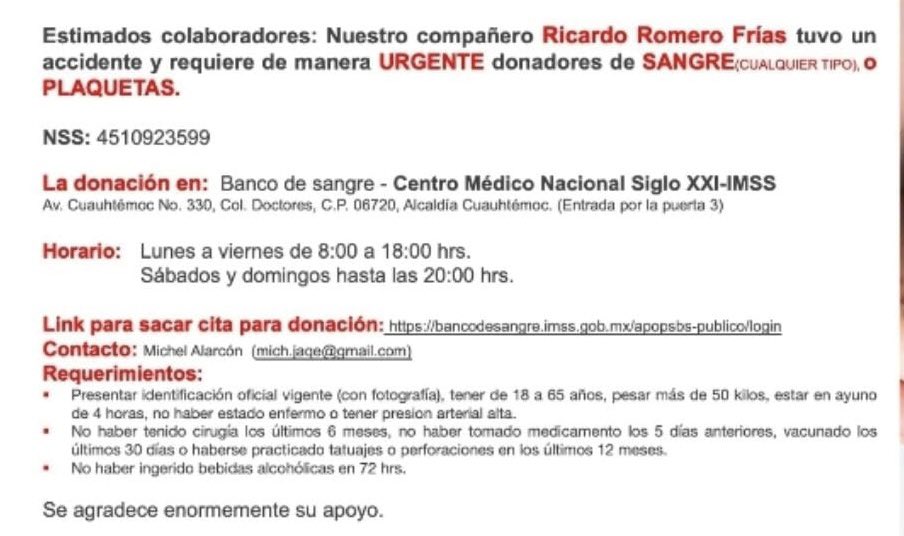 cesarpinedar's tweet photo. Un familiar que tuvo un accidente necesita apoyo para una cirugía con donaciones de sangre. Sus compañeros de trabajo organizaron la difusión para la donación. Muchos agradeceremos republicar y aún más, de ser posible, donar sangre cuanto antes. https://t.co/XqgVxhE7VG