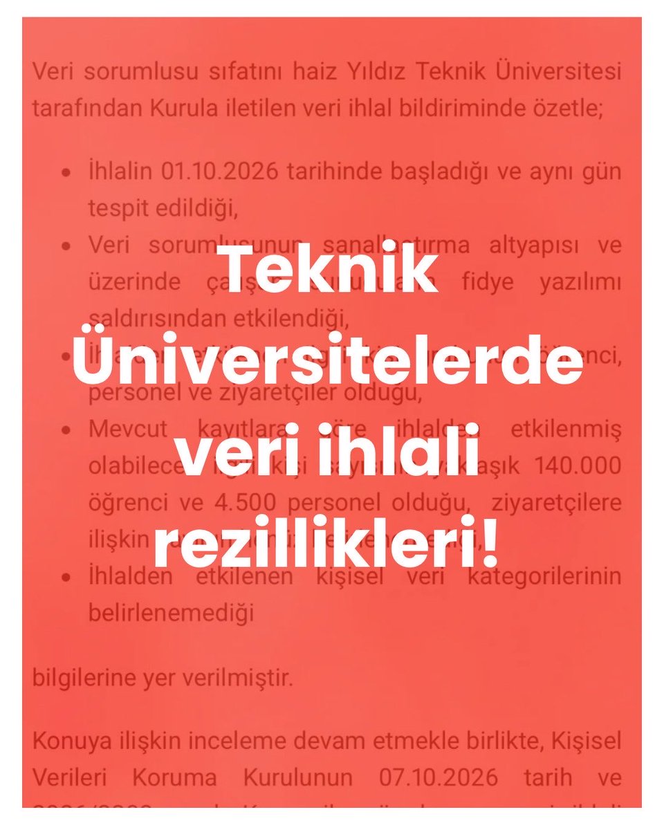 devtek81's tweet photo. #AÇIKLAMA | Kayyumlar teknik üniversiteleri yönetemiyor, “ihlallerin” ardı sıra kesilmiyor!

Dün KVKK’nın yaptığı açıklamaya göre 1 Ekim’den beri YTÜ’de en az 140.000 öğrenci ve 4.500 personelin verileri sızdırıldı. Fidye yazılımı saldırısıyla sızdırıldığı iddia edilen verilerin hangi kategorilerden ne tür sızdırıldığı ise hala bilinmiyor. Geçtiğimiz dönem ise İTÜ’de Soliclub uygulaması üzerinden gerçekleşen veri açığıyla birlikte yine bütün öğrencilerin verileri sızdırılmıştı.

Kendi Siber Güvenlik eğitim programları bulunan ve teknoloji alanında “öncü” olduğunu iddia eden teknik üniversitelerdeki bu “ihlaller” tekil birer örneğin değil, kayyum düzeninin üniversiteleri nasıl yönetemediğinin bütünsel bir portresidir.

Savunma sanayi firmaları için kampüslerde fiziksel ve altyapısal olağanüstü önlemler alan kayyum yönetimler, öğrencilerin kişisel verilerini korumaya yetecek uygulamaları temel düzeyde dahi üretmekten imtina etmektedir.

Tek derdi kampüsleri ranta açmak olan kayyum yönetimler, her türlü yeterliliği bulunan üniversitelerimizi, yemekhanelerden altyapı sistemlerine kadar baştan aşağı sermayeye peşkeş çekiyor, öğrencileri mağdur ederken önceliği halkta değil sermayenin kârında görüyor.

Öğrencilerinin sorunlarına kayıtsız kalırken sermaye ortaklarına bütün imkanlarını seferber eden, üniversitelerimizi veri sızıntısı ticaretine, kimlik hırsızlığına açık hale getiren ve kendinde hesap verme sorumluluğu dahi görmeyen kayyum düzeni gidecek, bu pisliği devrim temizler!