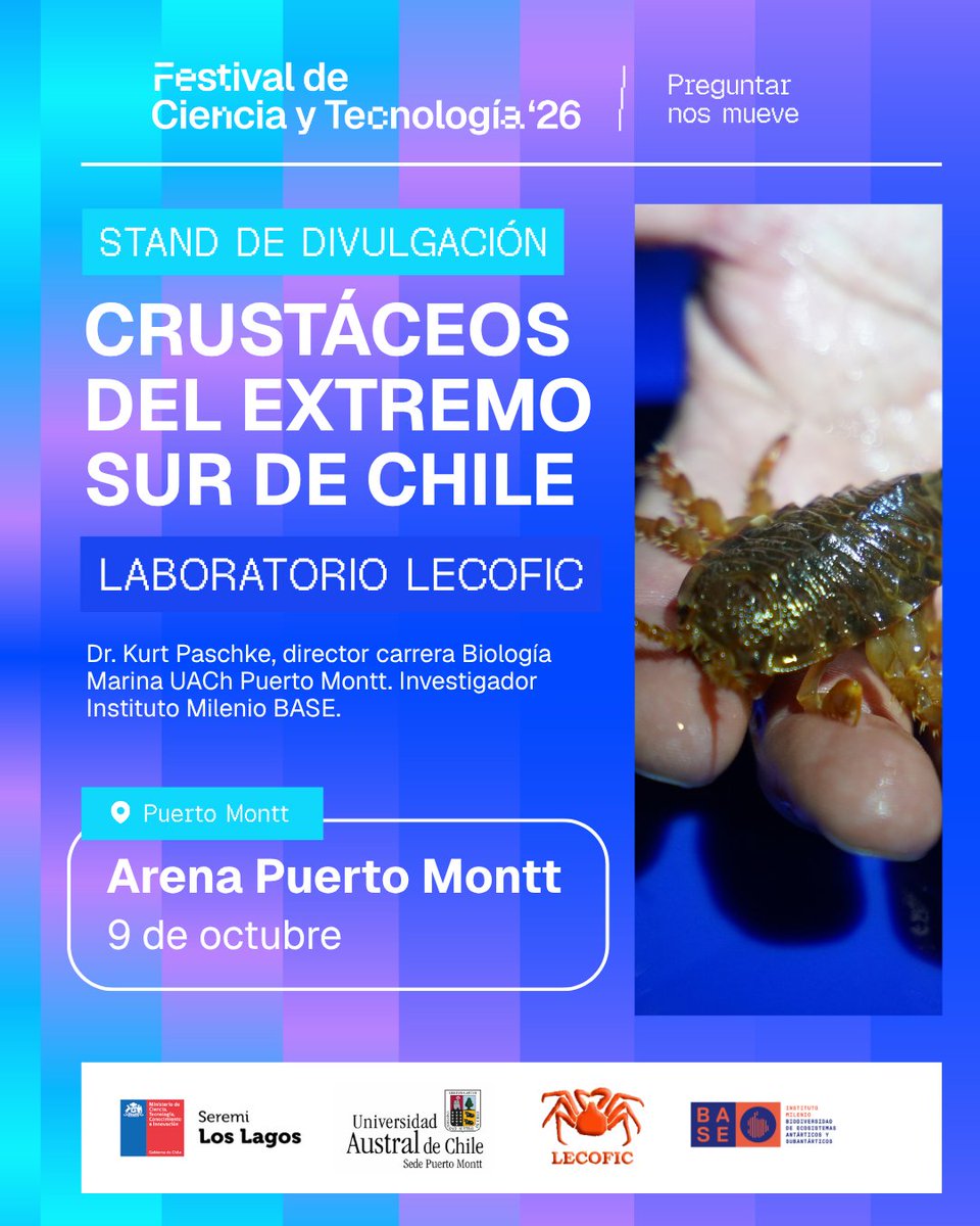 MilenioBASE's tweet photo. Puerto Montt📍🐟 Con charla de la Dra. Valentina Bernal @SantoTomas_PM @MilenioBASE @ApecsChile y stand del laboratorio del Dr. Kurt Paschke @SedeUACh nos sumamos al Festival de Ciencia y Tecnología 2026 @SeremiCienciaS 

🗓️Viernes 9 octubre | Arena Puerto Montt https://t.co/RQGmVflVvD