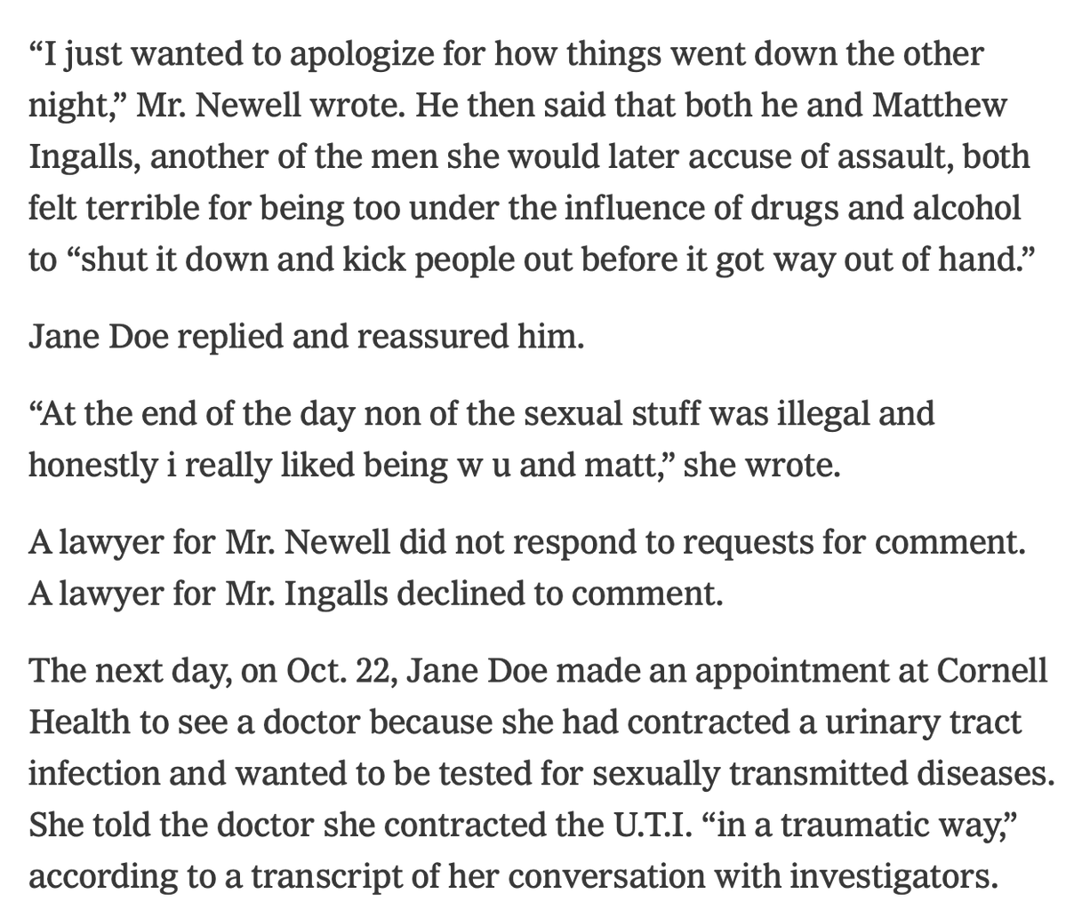 emilyjashinsky's tweet photo. This is going to raise questions for NYT. They reported on these texts but did not report on Jane Doe referring to the incident as a "gangbang" before adding, "our body our choice." The NYT story appeared to be based on the Title IX investigation docs. These texts are not in the unredacted version, so it's unclear if the Times intentionally left this out or received the snippets elsewhere and published without the full context.