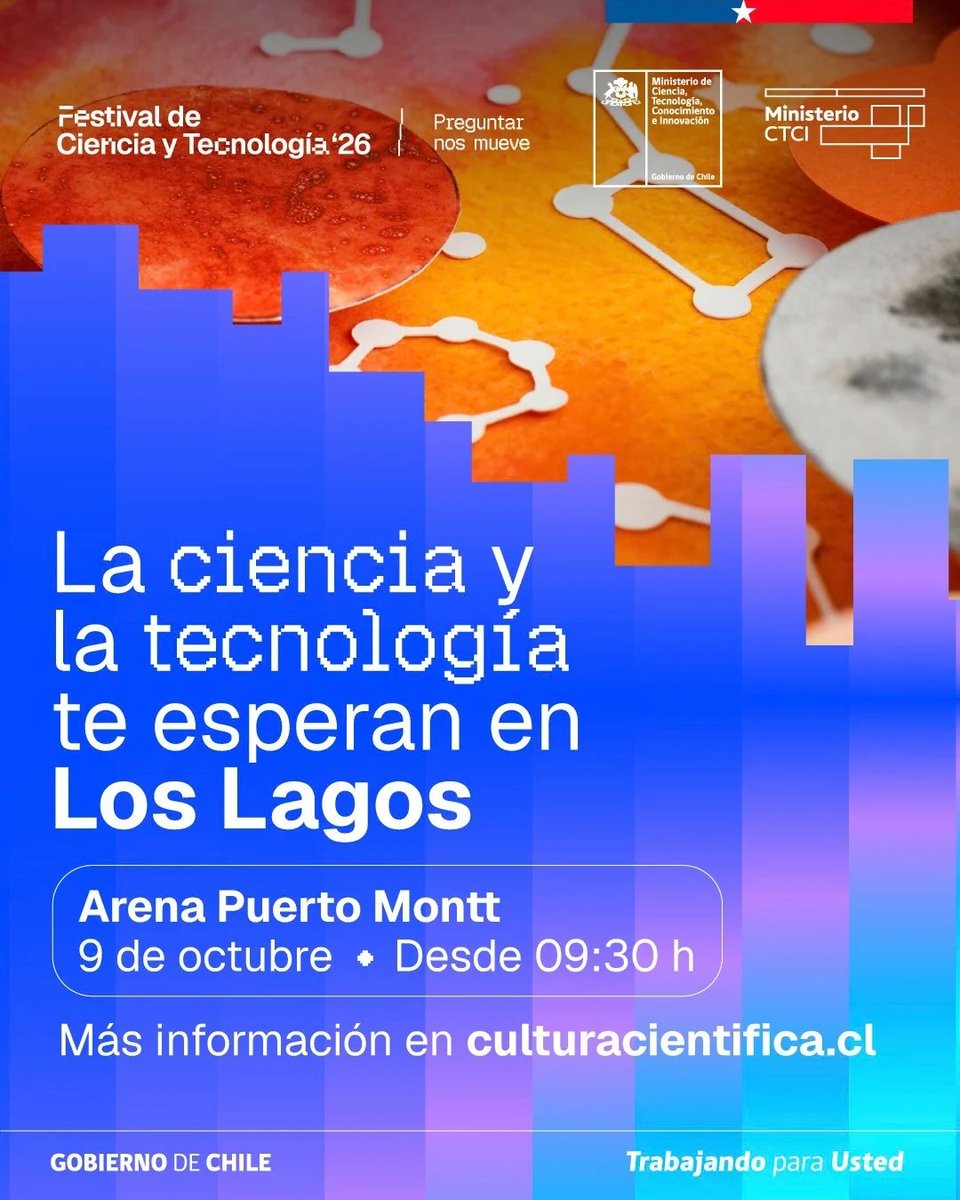 MilenioBASE's tweet photo. Puerto Montt📍🐟 Con charla de la Dra. Valentina Bernal @SantoTomas_PM @MilenioBASE @ApecsChile y stand del laboratorio del Dr. Kurt Paschke @SedeUACh nos sumamos al Festival de Ciencia y Tecnología 2026 @SeremiCienciaS 

🗓️Viernes 9 octubre | Arena Puerto Montt https://t.co/RQGmVflVvD