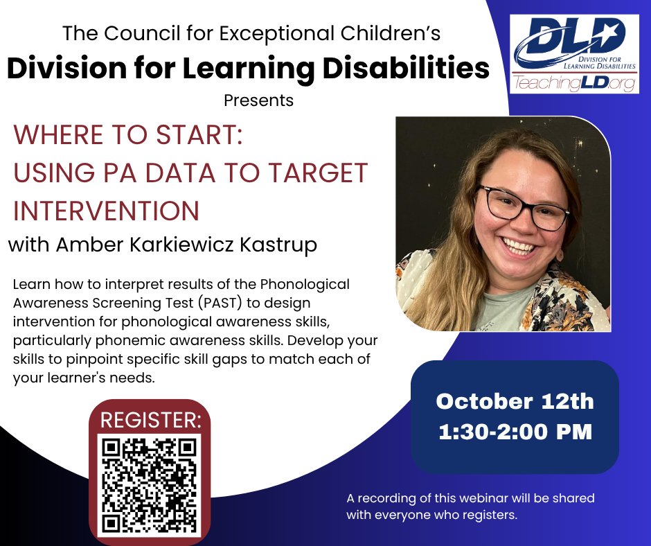 TeachingLD's tweet photo. 📣 Want a practical way to use assessment data to guide phonological awareness intervention?

Join Amber Karkiewicz Kastrup for the next DLD Lunch &amp; Learn on October 12 from 1:30-2:00 PM!

👉 Scan the QR code on the flyer or follow this link to register: https://t.co/zVlnM0mgA0 https://t.co/8Wa4Fmx9EL