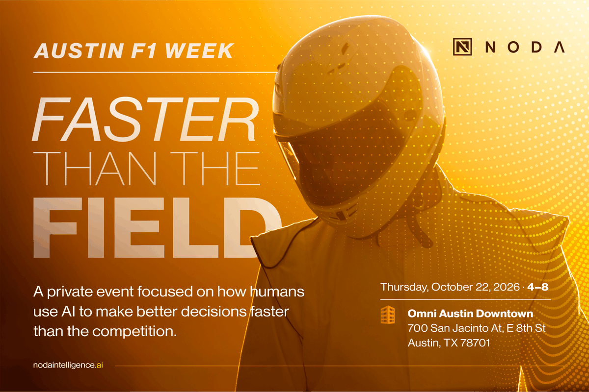 NODA_AI_atx's tweet photo. Austin @F1 Week is about speed, precision, and making the right decision at the right moment.  

@NODA_AI_atx is bringing that same mindset to a private event on Thursday, October 22, 2026, focused on how humans deploy AI to make better decisions faster than the competition.   

Through vendor-agnostic autonomous orchestration and limitless interoperability, NODA connects platforms, systems, and capabilities across vendors and domains—transforming commander’s intent into coordinated action at mission speed.   

We’re looking forward to connecting with leaders across technology, autonomy, and Defense in Austin during F1 Week.  

@Elevation_Live 

#NODAAI #F1 #AustinF1 #AutonomousSystems #DefenseTech #SDFX