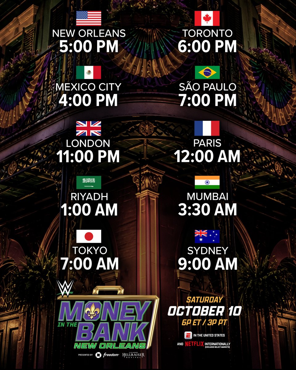 WWE's tweet photo. Take a look at when #MITB will be streaming around the world! 🗺️ https://t.co/xqsxndF0ui