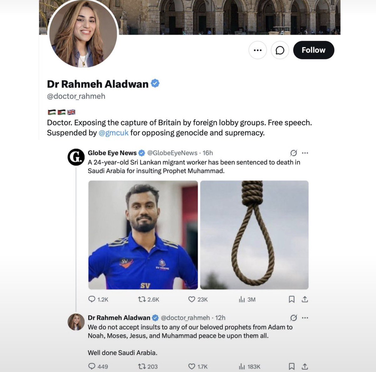 EYakoby's tweet photo. A UK doctor supports executing someone over a Facebook comment criticizing Islam.

Her bio reads “Free Speech.” https://t.co/CnHMw4IsAE