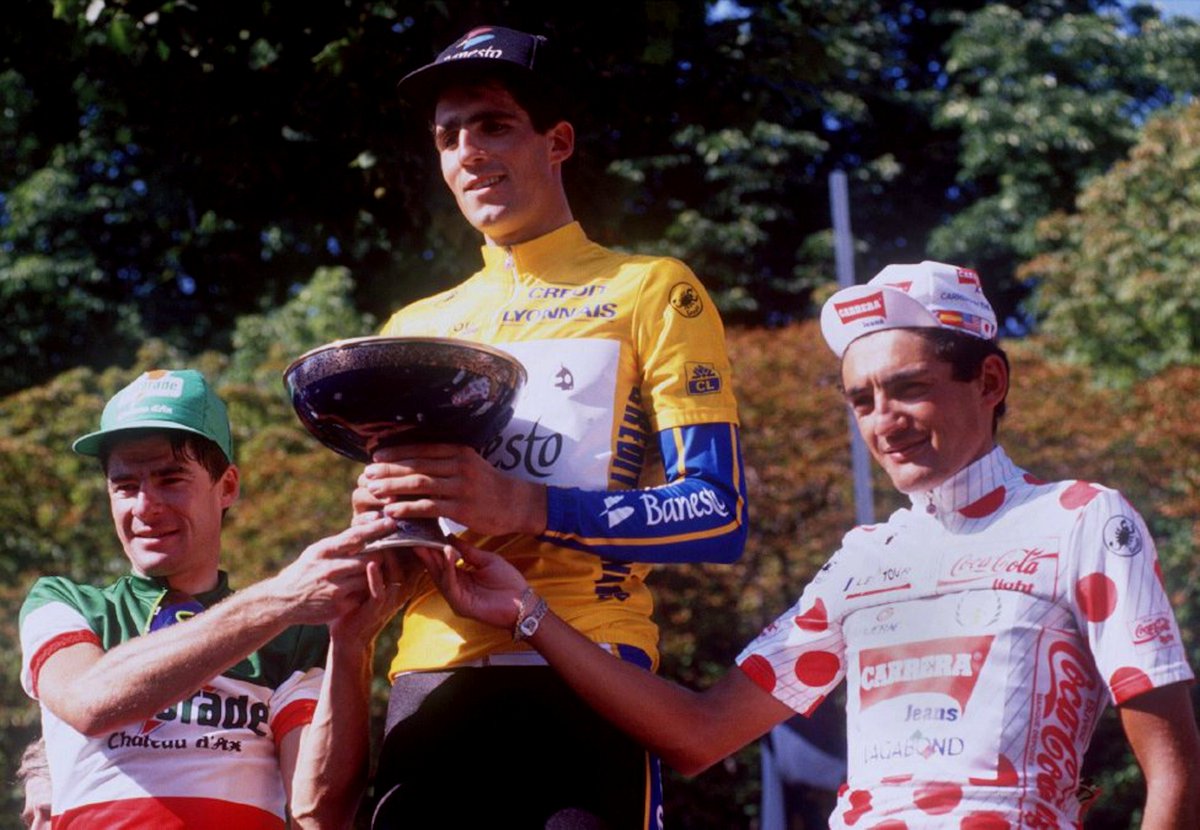 Mig_Indurain's tweet photo. 🇪🇸 Miguel Indurain
💿 Banesto
💛 Tour de France 1991
🎗️ Gianni Bugno (Gatorade), Miguel Indurain (Banesto) &amp; Claudio Chiappucci (Carrera)
#miguelindurain #giannibugno #claudiochiappucci #tourdefrance #tourdefrance1991 #uci @LeTour @UCI_cycling https://t.co/tIZCnB45wT