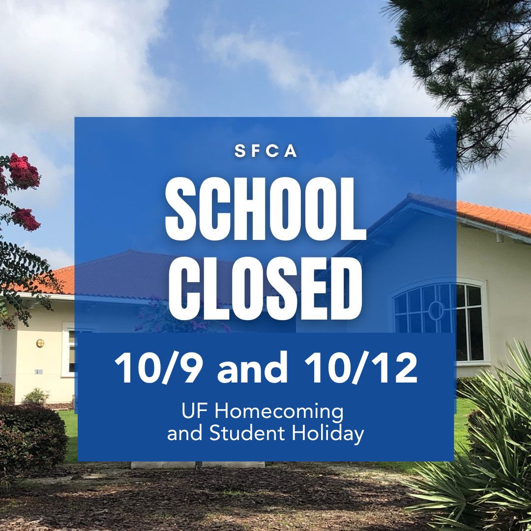 sfcawolves's tweet photo. SFCA will be closed tomorrow and Monday for UF Homecoming and a student holiday. See you Tuesday, Wolves! #SFCA #GoWolves https://t.co/T8FW0CnCwO