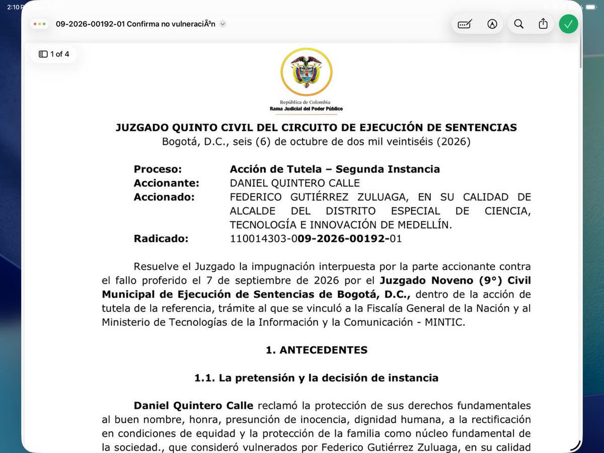 Tyche78Tyche's tweet photo. 🍿🍿En segunda instancia un Juez de Bogotá le da la razón a FICO y niega tutela de Daniel Quintero por llamarlo Bandido, jefe de la banda y todas las denuncias que Fico ha hecho por corrupción de la estructura GDO Hermitos Q https://t.co/bjEBpa5Tdi