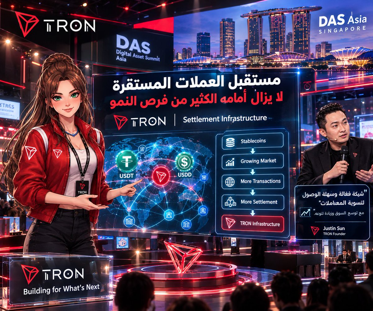 to_l_y's tweet photo. 🌐 العملات المستقرة مش مجرد قطاع بيكبر… هي بتغيّر شكل حركة الأموال على البلوكتشين. 🔻

وفي المرحلة الجاية، السؤال مش بس: قد إيه سوق الـStablecoins هيكبر؟

السؤال الأهم:
هل البنية التحتية قادرة تستوعب النمو ده؟ 👀

خلال Digital Asset Summit Asia، جاستن صن وضّح إن أولوية #TRON هي الاستمرار في بناء شبكة تسوية فعّالة وسهلة الوصول، مع توسع سوق العملات المستقرة وزيادة تنوع استخداماتها.

وده بيكشف عن رؤية أبعد من مجرد معاملات USDT اليوم.

كل ما زاد استخدام الـStablecoins عالميًا، زادت أهمية الشبكات اللي تقدر توفر بنية تحتية للتسوية بكفاءة وعلى نطاق واسع.

🚀 الـStablecoins بتتطور…
و#TRON بتبني البنية التحتية للمرحلة اللي جاية.

@justinsuntron @trondao

#TRX #Stablecoins #DASAsia #USDT
#TRON 
#TGF 
#TRONGlobalFriends
@TronDao_AR @trondao 
@justinsuntron
