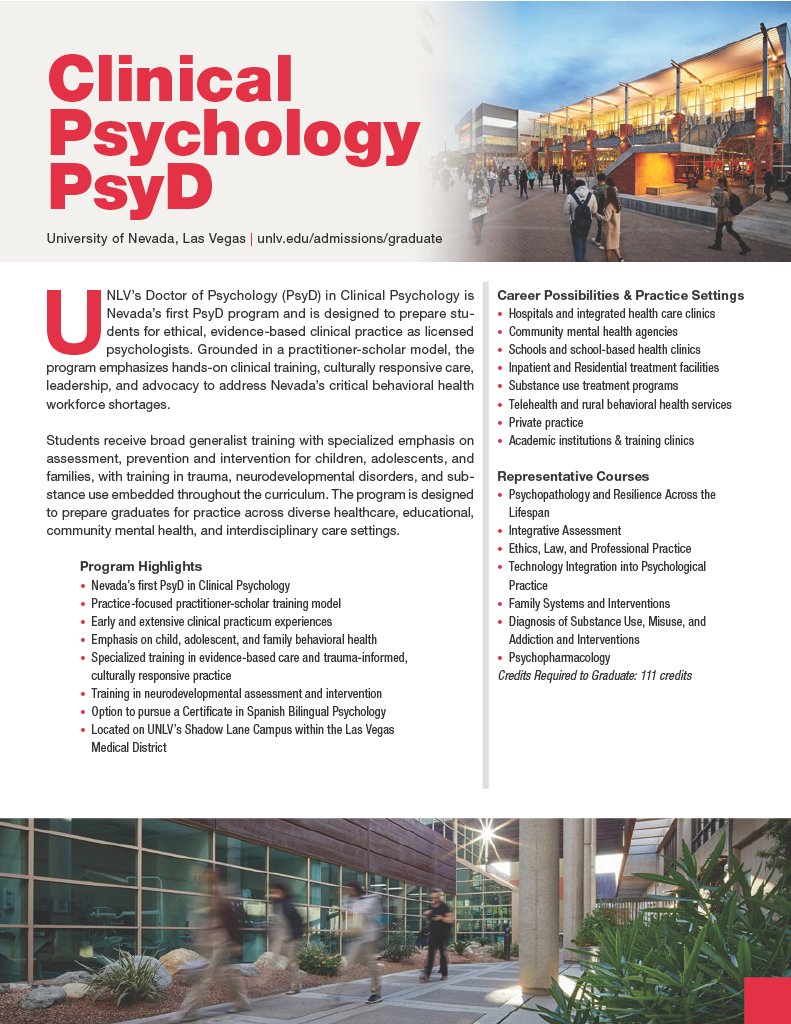 WLC_UNLV's tweet photo. Interested in clinical psychology?

UNLV’s Doctor of Psychology (PsyD) in Clinical Psychology is Nevada’s first PsyD program, with practice-focused training and extensive clinical experience.

Turn your Spanish into a professional skill through their Spanish electives!

#UNLV https://t.co/kk9cA5OuVo