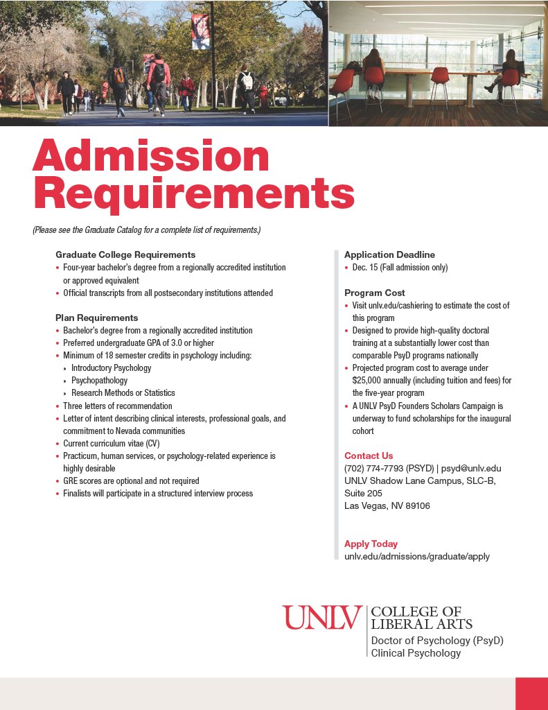 WLC_UNLV's tweet photo. Interested in clinical psychology?

UNLV’s Doctor of Psychology (PsyD) in Clinical Psychology is Nevada’s first PsyD program, with practice-focused training and extensive clinical experience.

Turn your Spanish into a professional skill through their Spanish electives!

#UNLV https://t.co/kk9cA5OuVo