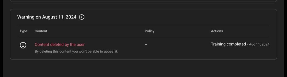 HatingCoach's tweet photo. @TeamYouTube Hi TeamYouTube, I completed my policy training 2 years ago, but the warning is still active on my dashboard. I deleted the video back then, which I now realize froze the automated system. Could you please manually review my channel and clear the expired warning? https://t.co/niUUyDTcuI
