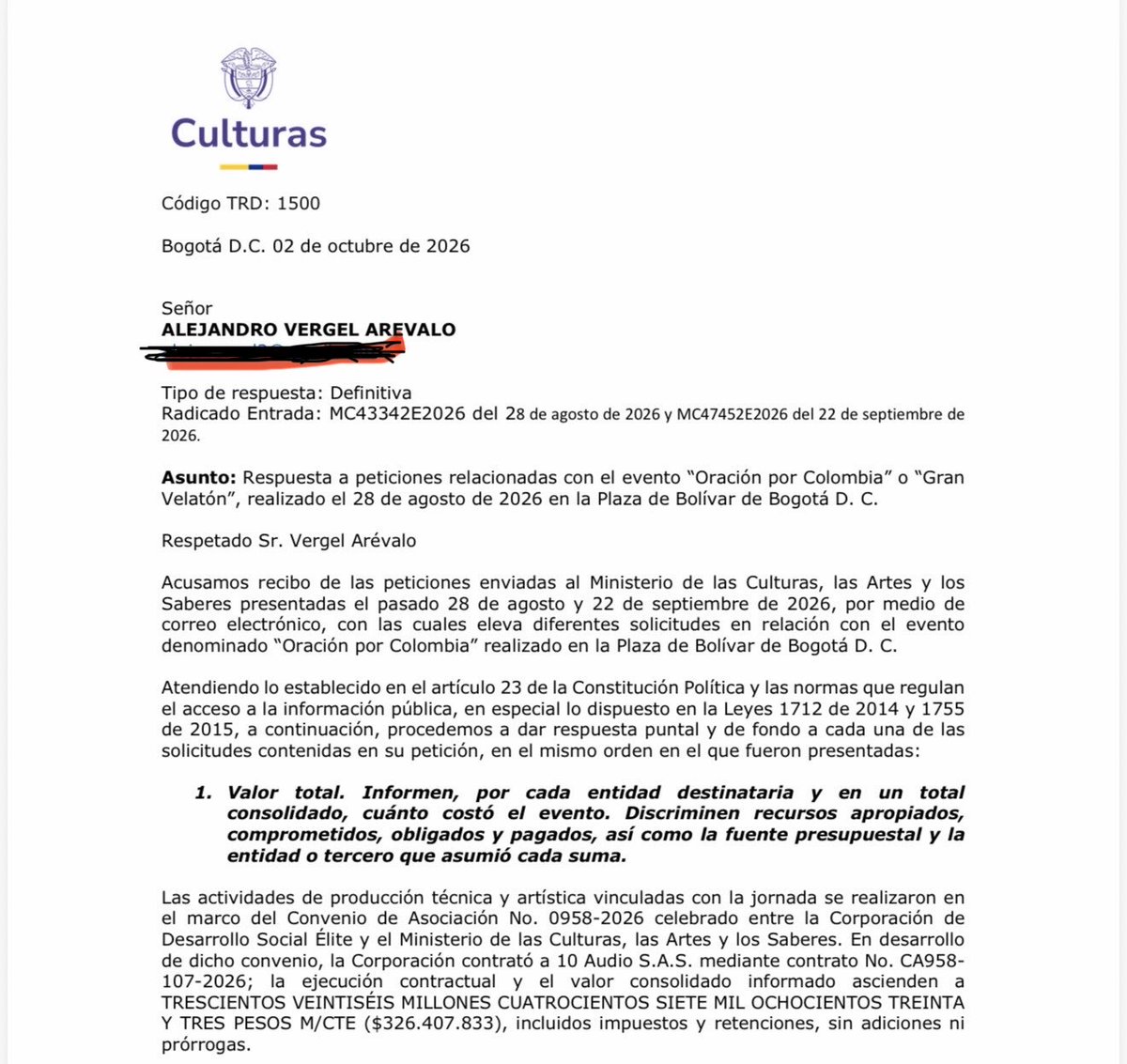YoAlejoV's tweet photo. 🚨¿Ustedes sabían que la ministra de las Culturas mentirosa, que no se graduó de la maestría, Paola Holguín, se gastó $326 millones en el evento de “oración” en la Plaza de Bolívar con Abelardo dizque por las víctimas del terremoto, mientras miles de personas siguen esperando las ayudas del Gobierno?

Esto me respondió en un derecho de petición. ¡DERROCHE TOTAL!