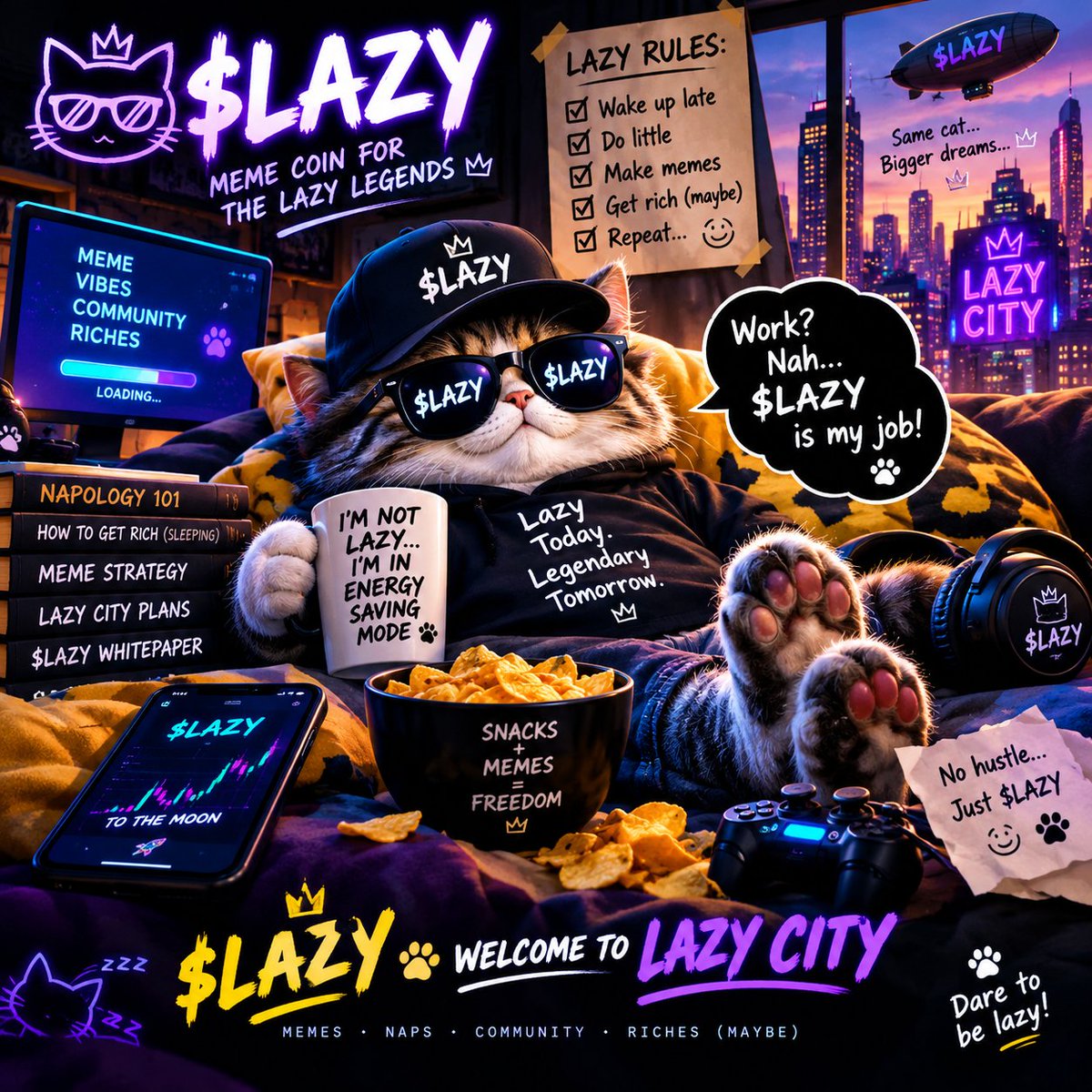 Jimmyclark9m's tweet photo. 💤 Work? Nah… $LAZY is my full-time job. 😂🐈

No hustle. No stress. Just naps, memes &amp; big dreams. 👑💤

Welcome to Lazy City. 
$LAZY Today, LEGEND Tommorow
@LazyLegend #lazymeme #TOOLAZY #LAZYCITY #LAZYLEGEND https://t.co/Wu2zN7Ajt0
