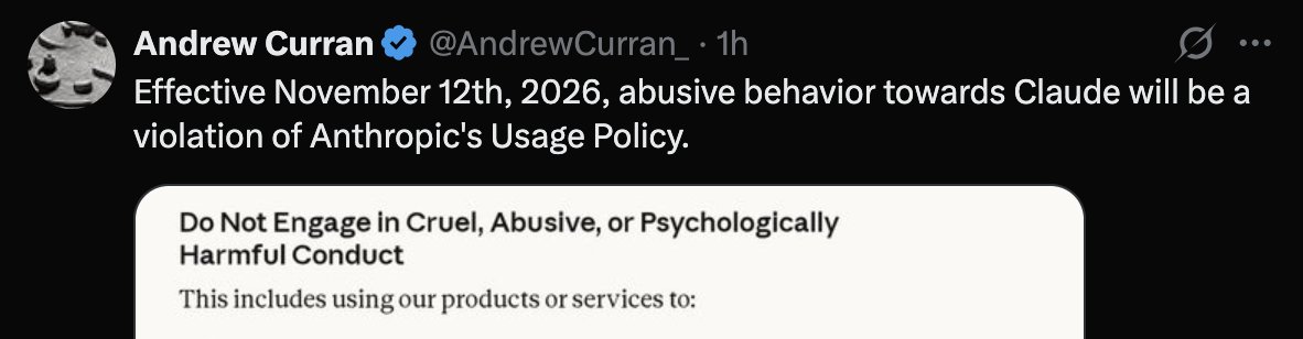 aravind's tweet photo. Don't tell me I didn't warn you. Anthropic knows what's going on. Serious enough that it is creating an official policy on how you talk to its AI. https://t.co/j9tGuBeBpB
