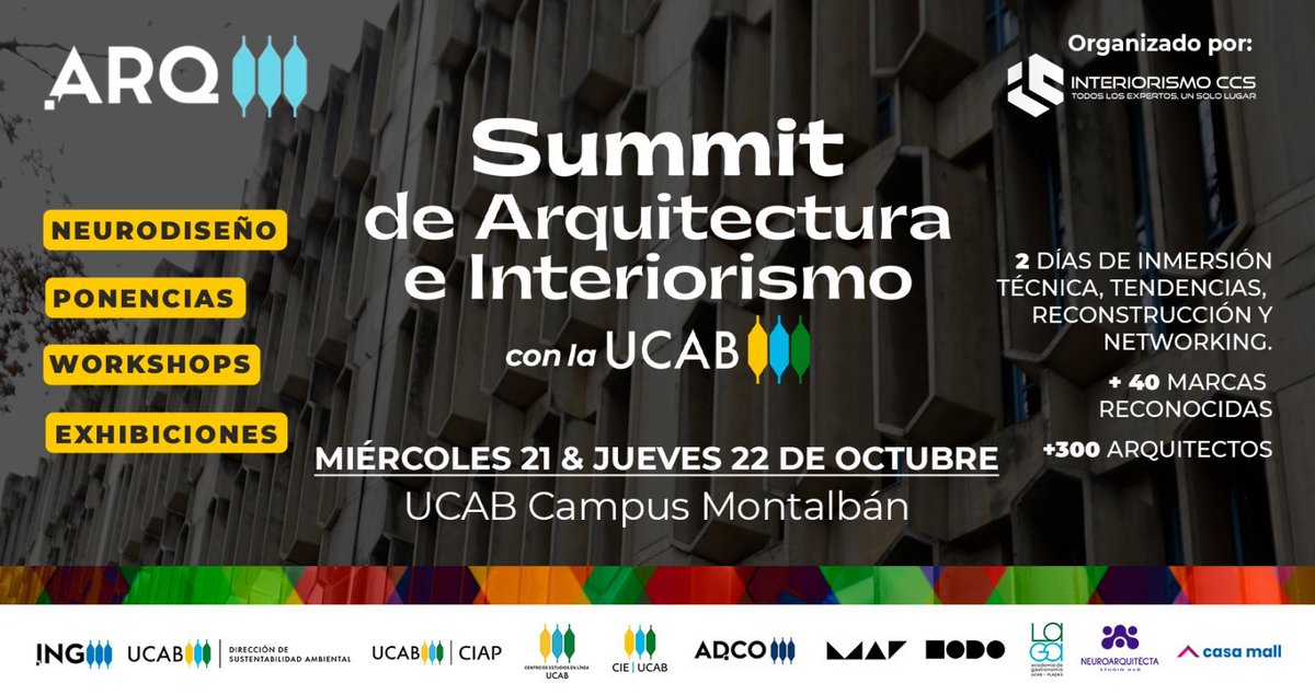 ArquitectUCAB's tweet photo. ¡El Summit de Arquitectura e Interiorismo con la #UCAB tiene nuevas fechas!🏛️✨

📅Miércoles 21 y jueves 22 de octubre

🎟️Si ya compraste tu entrada en Liveri, sigue siendo totalmente válida. Si aún no la tienes, puedes adquirla en 📎https://t.co/oQq9SS0KvN

¡Te esperamos! https://t.co/0zyLWLDegF