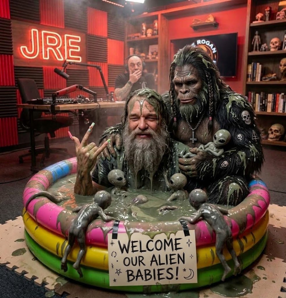 dedunkingparody's tweet photo. Special @joeroganhq announcementē. Some of you know I have entered into  #BREEDINGPROGRAM2027 with my partner Biggie. I decided to surprise my fans by giving birth to my new litter of star-seeds on the Joseph  Rogan radio program! Tune in and listen to history! #bigfoot #miracle https://t.co/5uqGZfWR5l