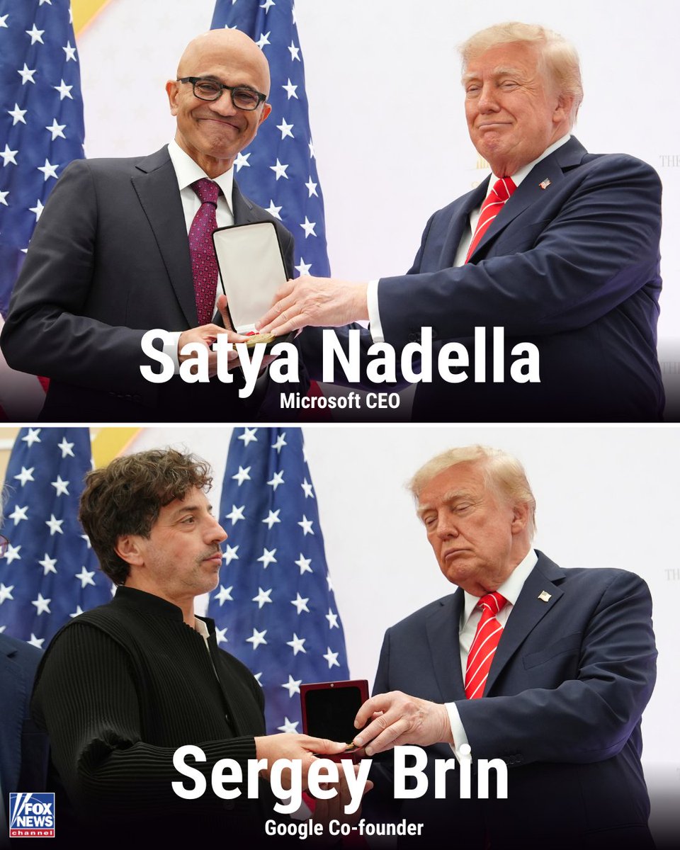 FoxNews's tweet photo. NEW: President Trump honors six of America’s most prominent tech leaders with two of the nation’s highest awards for science and innovation.

Elon Musk, Google co-founder Sergey Brin, NVIDIA CEO Jensen Huang, AMD CEO Lisa Su, Dell Technologies CEO Michael Dell, and Microsoft CEO Satya Nadella were recognized for their contributions to scientific discovery and technological advancement.

The honors were presented at the Golden Age of American Innovation Summit, spotlighting leaders behind major advances in AI, computing and other cutting-edge technologies.