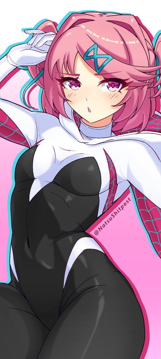 NatsuShitpost's tweet photo. 🩷 Traje un nuevo fanart de Natsuki con Cosplay de Spider-Gwen! 🖌️🕷️

Hice este fanart pensando que podría entrar en la temática de halloween! 🎃 
Por ser cosplay y así jaja 👻 xd

#DokiDokiLiteratureClub #DDLC #Fanart #Natsuki #Gwen #Halloween 🖌️ https://t.co/l4Nk29N7bD