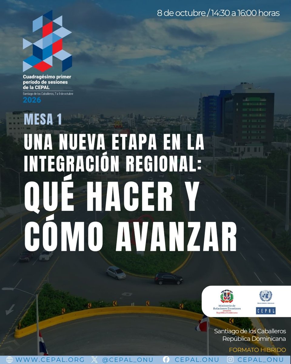 cepal_onu's tweet photo. 🌎 En el 41° período de sesiones de la #CEPAL, que se celebra en República Dominicana🇩🇴, comienzan las mesas temáticas donde autoridades de la región analizarán en profundidad el documento de posición “Gestión de las transformaciones en una era de rupturas”.

Los debates se centrarán en tres temas clave:
🔹 Una nueva etapa en la integración regional: qué hacer y cómo avanzar
🔹 Transformación digital, inteligencia artificial y desarrollo productivo
🔹 Macroeconomía para el desarrollo y una fiscalidad sana y fuerte

🎙️Encabeza las sesiones el Secretario de la Comisión de la @cepal_onu, Luis Fidel Yáñez (@LuisFidelYanez).

📺 https://t.co/4JRzmYlIBO

#PSEScepal2026 #GestiónDeLasTransformaciones
@MIREXRD @ONU_RD
