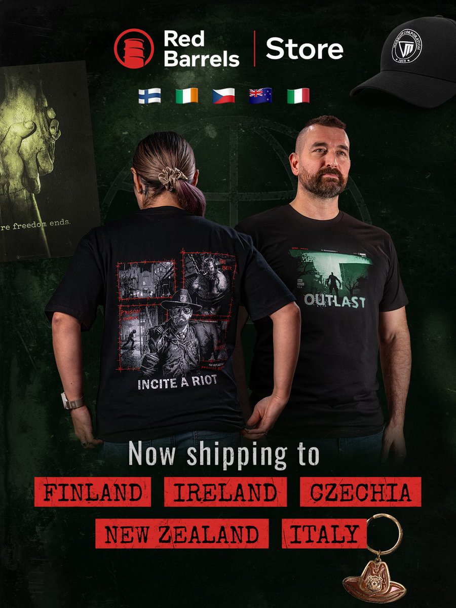 TheRedBarrels's tweet photo. The Red Barrels Store now ships to Finland, Ireland, Czechia, New Zealand, and Italy! 🌎 Behavioral Attire shapes your persona, get yours today.

🛍️ Shop here: https://t.co/c1xPdzMipw
________________
La boutique Red Barrels livre désormais en Finlande, en Irlande, en Tchéquie, en Nouvelle-Zélande et en Italie! 🌎 Les 

🛍️ Achetez ici: https://t.co/EntenjGaT5 

#TheOutlastTrials #Outlast #RedBarrels