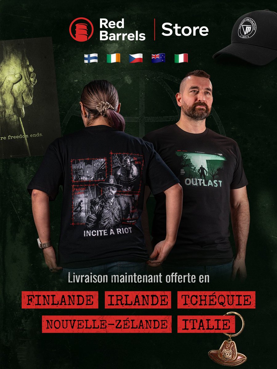 TheRedBarrels's tweet photo. The Red Barrels Store now ships to Finland, Ireland, Czechia, New Zealand, and Italy! 🌎 Behavioral Attire shapes your persona, get yours today.

🛍️ Shop here: https://t.co/c1xPdzMipw
________________
La boutique Red Barrels livre désormais en Finlande, en Irlande, en Tchéquie, en Nouvelle-Zélande et en Italie! 🌎 Les 

🛍️ Achetez ici: https://t.co/EntenjGaT5 

#TheOutlastTrials #Outlast #RedBarrels