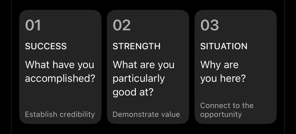 JA_Olaoye's tweet photo. You see that “Tell me about yourself?” Question, that is where the interview starts and ends. The good news, you can practice the template. Like literally practice it several times till it becomes natural to your CV and the portfolio 💼 you have on your CV. And it will sound so natural. 

If that aspect is solid, other things usually flow…

Example from Dan Loc video(YouTube): using the 3S method:

Before (without using 3s):
"My name is James. I studied Computer Science and I have five years of experience working with SQL, Python, Power BI, and Azure..."

After (using the 3S method):

"I'm a Data Engineer with five years of experience building and maintaining data solutions that support business reporting and decision-making.

One of my strengths is translating complex data requirements into reliable, scalable pipelines. 

I've worked with SQL, Python, and Azure to integrate data from different sources and improve data accessibility.

I'm now looking for an opportunity where I can apply that experience to larger data challenges while continuing to grow my expertise in modern data architecture."