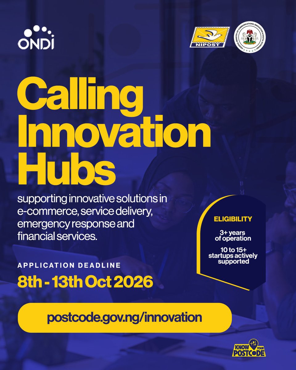 Postcode_ng's tweet photo. Innovation Hubs, this one’s for you!

You’re building the ecosystems where bold ideas take root and startups thrive. Now, it’s time to put your hub in the spotlight. 

Apply to access Postcode tokens for innovators in your community.

Applications are open: 8–13 October 2026.

#NIPOST #ONDI #DigitalPostcode 
#DigitalEconomy 

@ONDINigeria