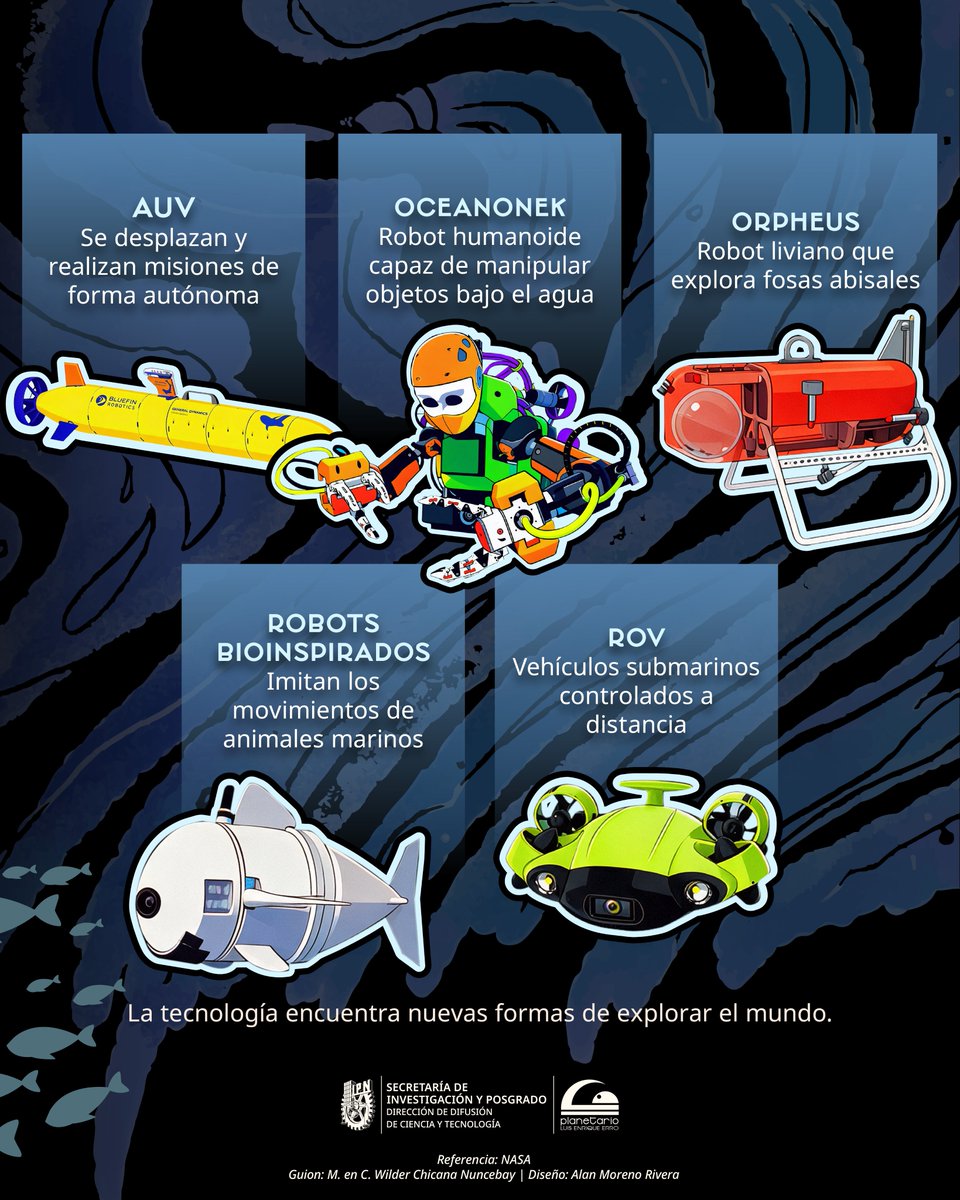 MuseoTezozomoc's tweet photo. 🌊🤖 ¿Hasta dónde puede llegar un robot bajo el mar?
AUV, ROV y robots bioinspirados exploran las profundidades del océano. 🔬🐠
#Robótica #Ciencia #Océanos #MuseoTezozómoc #IPN https://t.co/TiMyGID6gx