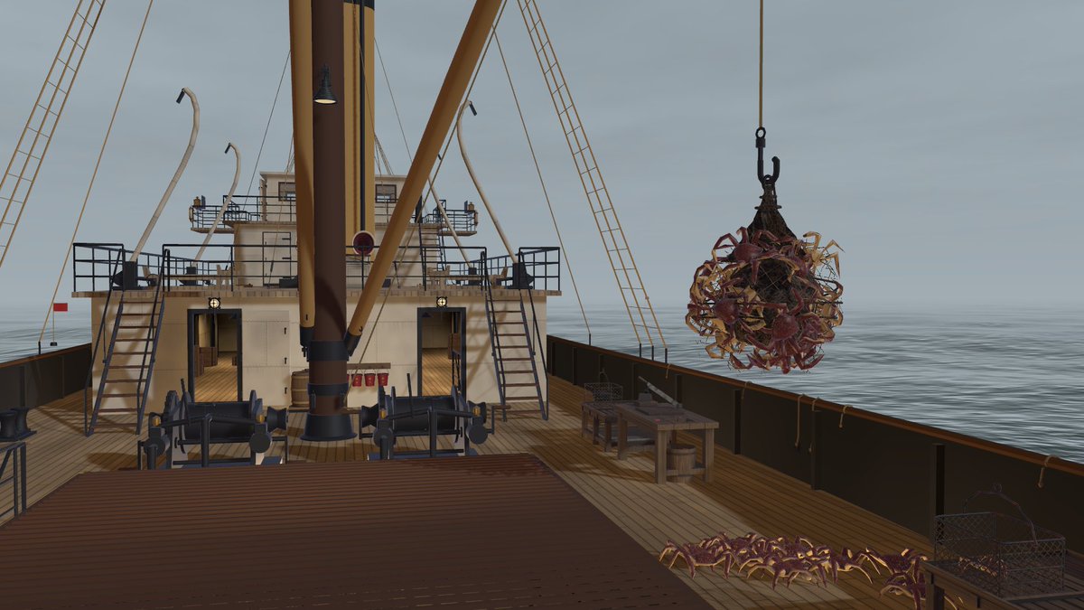 n4rGm5DmrVXXz6I's tweet photo. 蟹工船シミュレーター
ごず（gozu）
--
北海の蟹工船「北辰丸」に乗船せよ役割を分担し、カニを漁獲して缶詰にし、出荷して稼ぎを競う。 朝の配役から、昼の漁撈・脱甲・煮る・肉詰め・巻締め・打検・箱詰め・出荷、そして夜の精算まで、過酷な漁師の1日を体験せよ！
#VRChat_world紹介 #VRChat #VRC https://t.co/Sw6oPfx88R