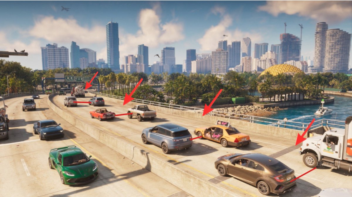 tiwariiji___'s tweet photo. Why does the traffic in this new GTA 6 screenshot look like a perfectly staged parking lot instead of real highway driving? 🚗🤔 https://t.co/9xFtfGt2tz