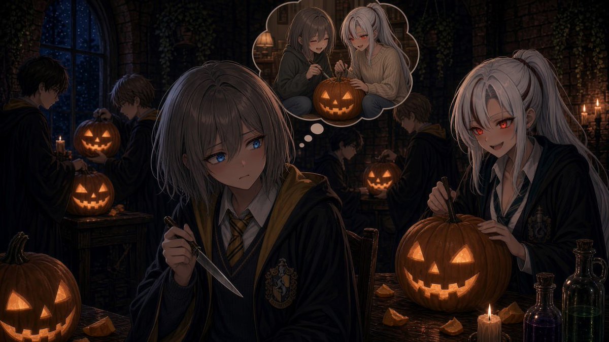 Shallntbe_VT's tweet photo. Themed Thursday. 

Today’s Theme is pumpkin carving🎃🔪

Post a picture of an animal or your avatar carving a pumpkin

@Mofobian_VT and I did some Pumpkin carving in class at Hogwarts https://t.co/VfzfWbqe1T