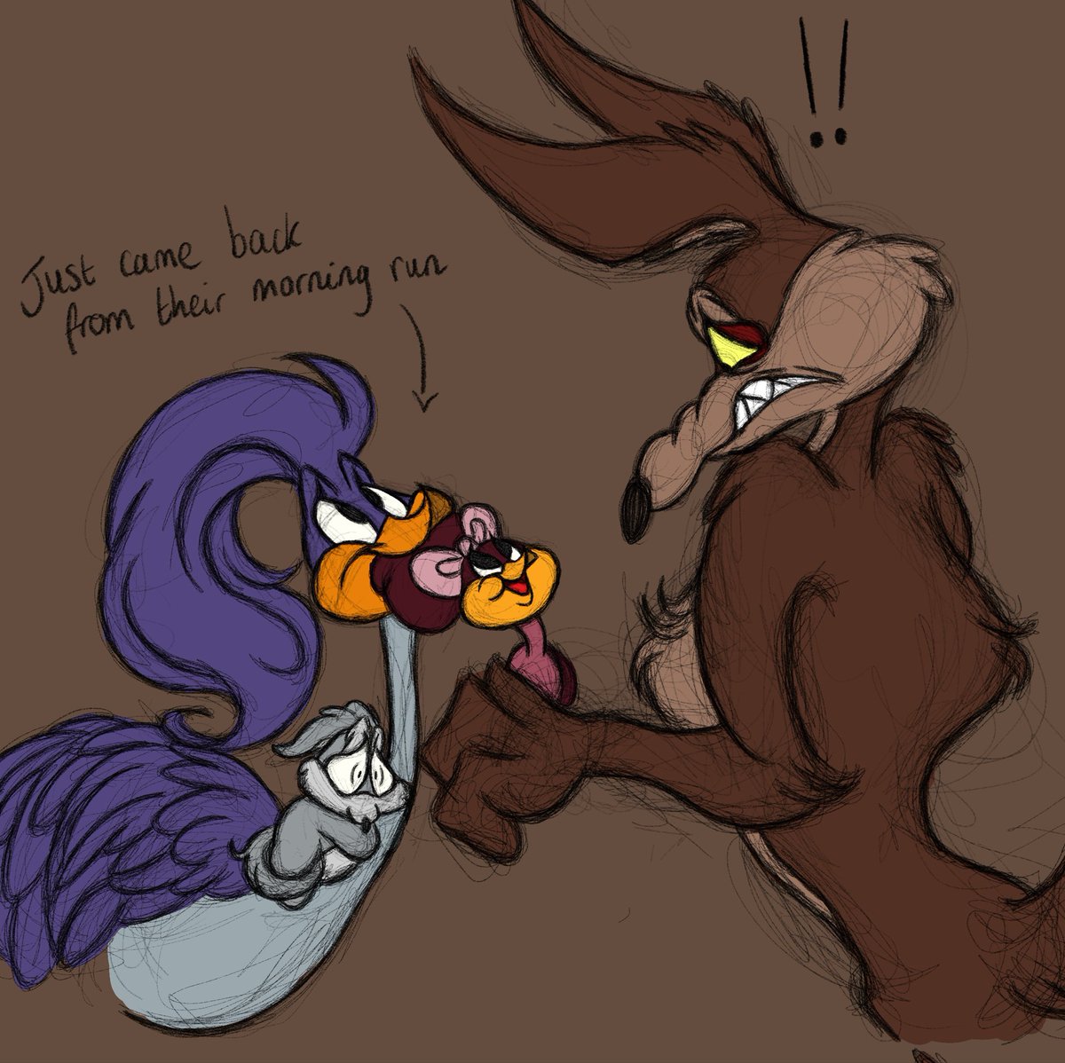 rodeorosebud's tweet photo. #wileroad-lings shenanigans 

so little sweet e. decides to join road runner and swift e. in their morning run and instantly regrets it 

wile e. never let her ride on road runner’s back again https://t.co/asJmeHbIII