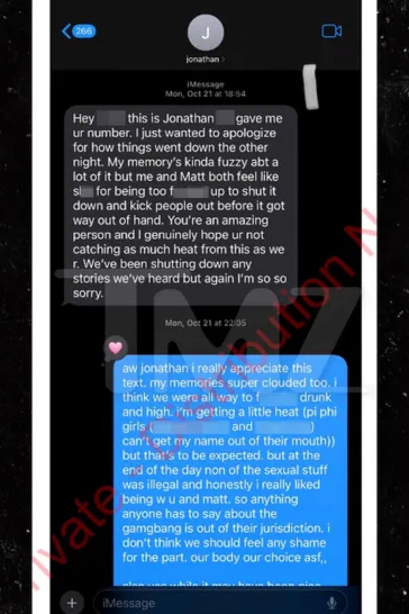 CollinRugg's tweet photo. NEW: Texts from 'Jane Doe' following the alleged "r*pe" show her calling the incident a "gamgbang," saying it was "our body our choice," according to TMZ.

Doe also appeared to console the man (who she later accused of r*pe).

"aw jonathan i really appreciate this text... i don't think we should feel any shame for the part. our body our choice asf," Doe said, according to TMZ.

Doe also appeared to acknowledge that a fourth person was involved in the encounter. She also said they were "super out of it."

"also yes while it may have been nice for like only 4 people to have been around, yall were both super out of it and they should have taken it on themselves to leave. at the end of the day you, matt, and i were in your bed and they didn't need to get up in that. I really love you and matt..."

'Matt' appears to be a reference to Matthew Ingalls, who accused Doe of r*ping *him.* He claims Doe sodomized him and said he was too intoxicated to give consent.

"but if you have any regrets or anything you want to talk about i am always here to talk about it cause that was a lot," Doe continued in the texts, according to TMZ.

Case closed.