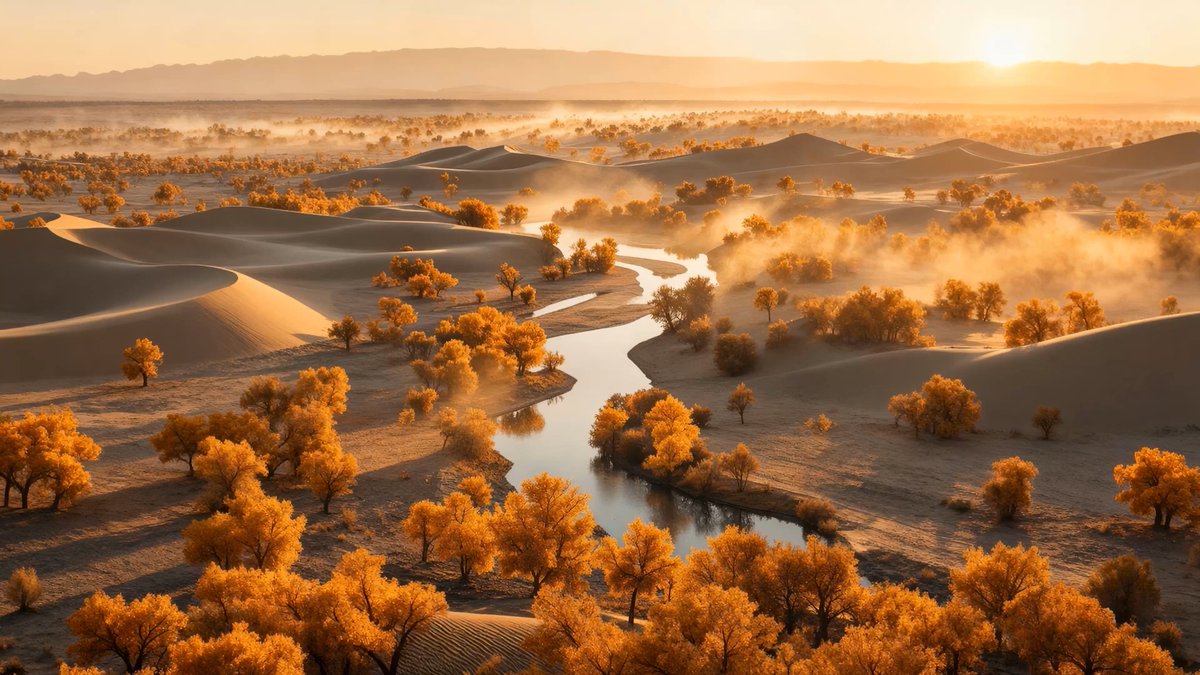 A scenic landscape photograph of a winding river flowing through rolling sand dunes, flanked by trees with golden autumn foliage under a misty, sunlit sky.