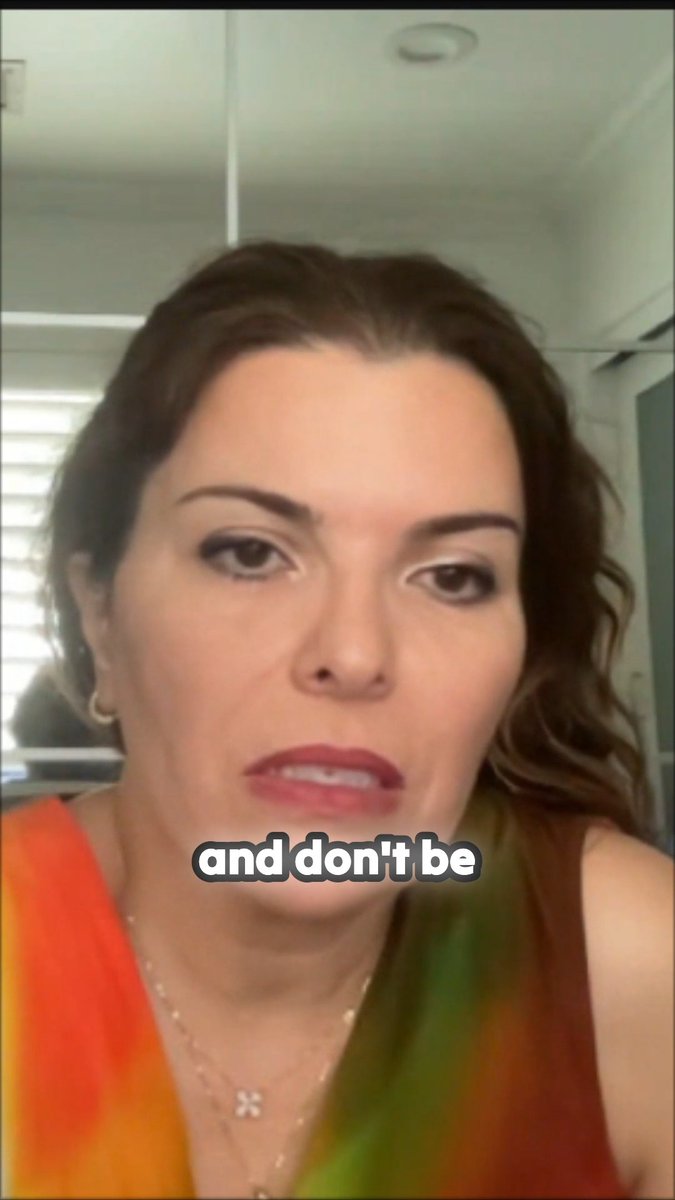 A close-up selfie video shows a woman with dark hair and makeup speaking, with the caption "and don't be" overlaid at the bottom.