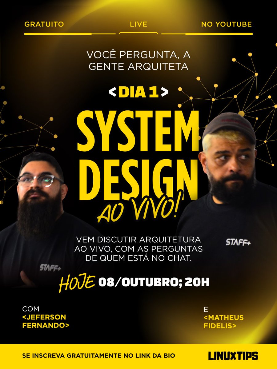 LINUXtipsBR's tweet photo. daqui a pouco começa o primeiro dia de live com o @fidelissauro! hoje vamos descomplicar System Design, arquitetura e engenharia de software e os conceitos fundamentais para você.

te esperamos na live #VAIIII
https://t.co/iCBqFIYV2h https://t.co/oI0vwZmdfO
