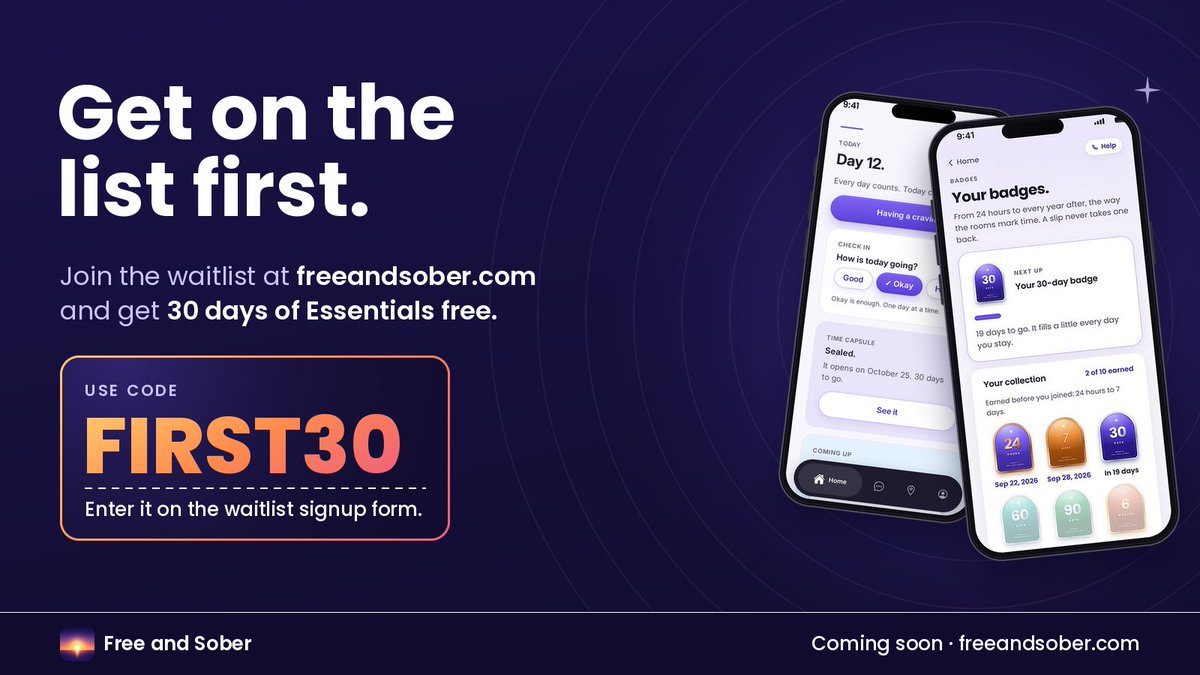 FreeAndSoberApp's tweet photo. Day 8 of Sober October is almost done. If you're still in it tonight, that counts.

Get on the Free and Sober waitlist first and use code FIRST30 for 30 days of Essentials free.
https://t.co/EVEAg5iHjc
#SoberOctober #sobriety https://t.co/rzbyNsuNkp