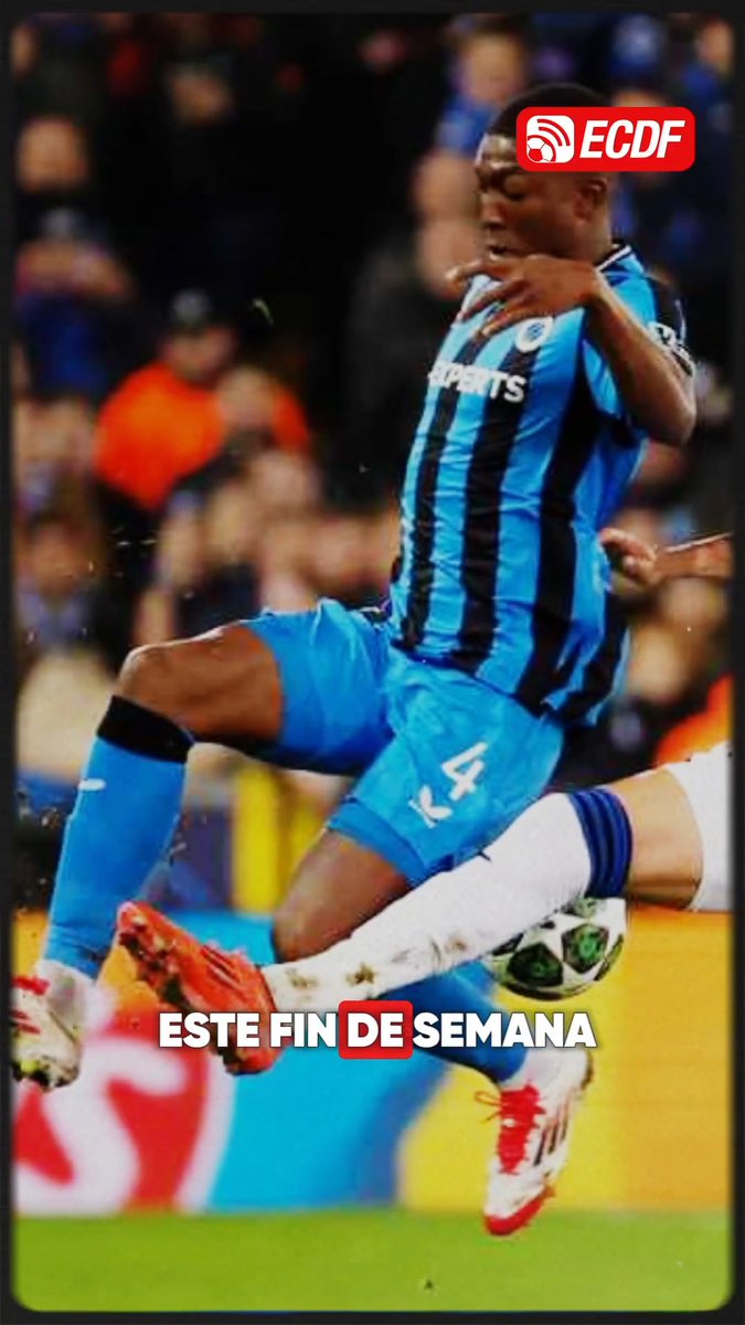 A vertical video thumbnail showing a football player in a blue and black striped Club Brugge kit (#4) jumping over an opponent, with the text "ESTE FIN DE SEMANA" and an "ECDF" logo.
