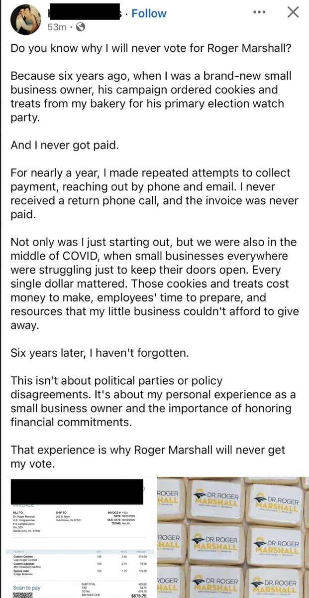 tysonbrody's tweet photo. BREAKING: Roger Marshall stiffed a local Kansas business who baked cookies for his campaign, refusing to pay a $678 bill - a bill larger than debts for which Roger Marshall had patients sued, arrested, and jailed, which ran as low as $114.49! https://t.co/rVm8j0BmuX