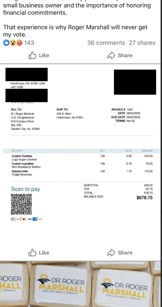tysonbrody's tweet photo. BREAKING: Roger Marshall stiffed a local Kansas business who baked cookies for his campaign, refusing to pay a $678 bill - a bill larger than debts for which Roger Marshall had patients sued, arrested, and jailed, which ran as low as $114.49! https://t.co/rVm8j0BmuX