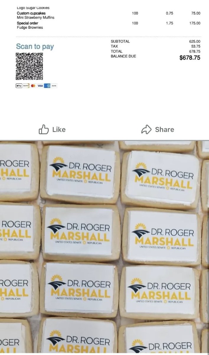 tysonbrody's tweet photo. BREAKING: Roger Marshall stiffed a local Kansas business who baked cookies for his campaign, refusing to pay a $678 bill - a bill larger than debts for which Roger Marshall had patients sued, arrested, and jailed, which ran as low as $114.49! https://t.co/rVm8j0BmuX