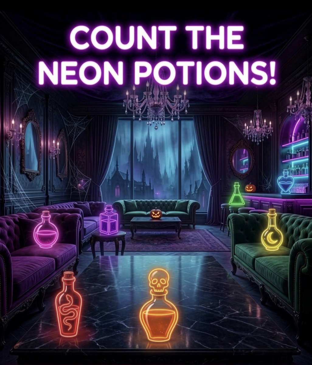 freebonuscrowns's tweet photo. 𝗖𝗢𝗨𝗡𝗧 𝗧𝗛𝗘 𝗡𝗘𝗢𝗡 𝗣𝗢𝗧𝗜𝗢𝗡𝗦! 🧪 How many glowing bottles can you spot? Drop your answer! 👇 👍 Like this post 💬 Comment below 🔄 Share with followers! https://t.co/haIyOFRfcO