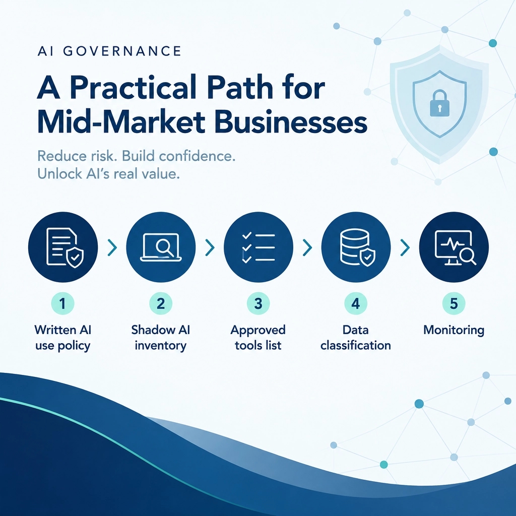 premierbusteam's tweet photo. AI governance: fix the basics first. Set a policy, inventory shadow AI, approve tools, classify data, then monitor. Our vendor-neutral guide explains the path. What comes first? #AIGovernance #Cybersecurity #ITLeadership https://t.co/lwXGro2mvI