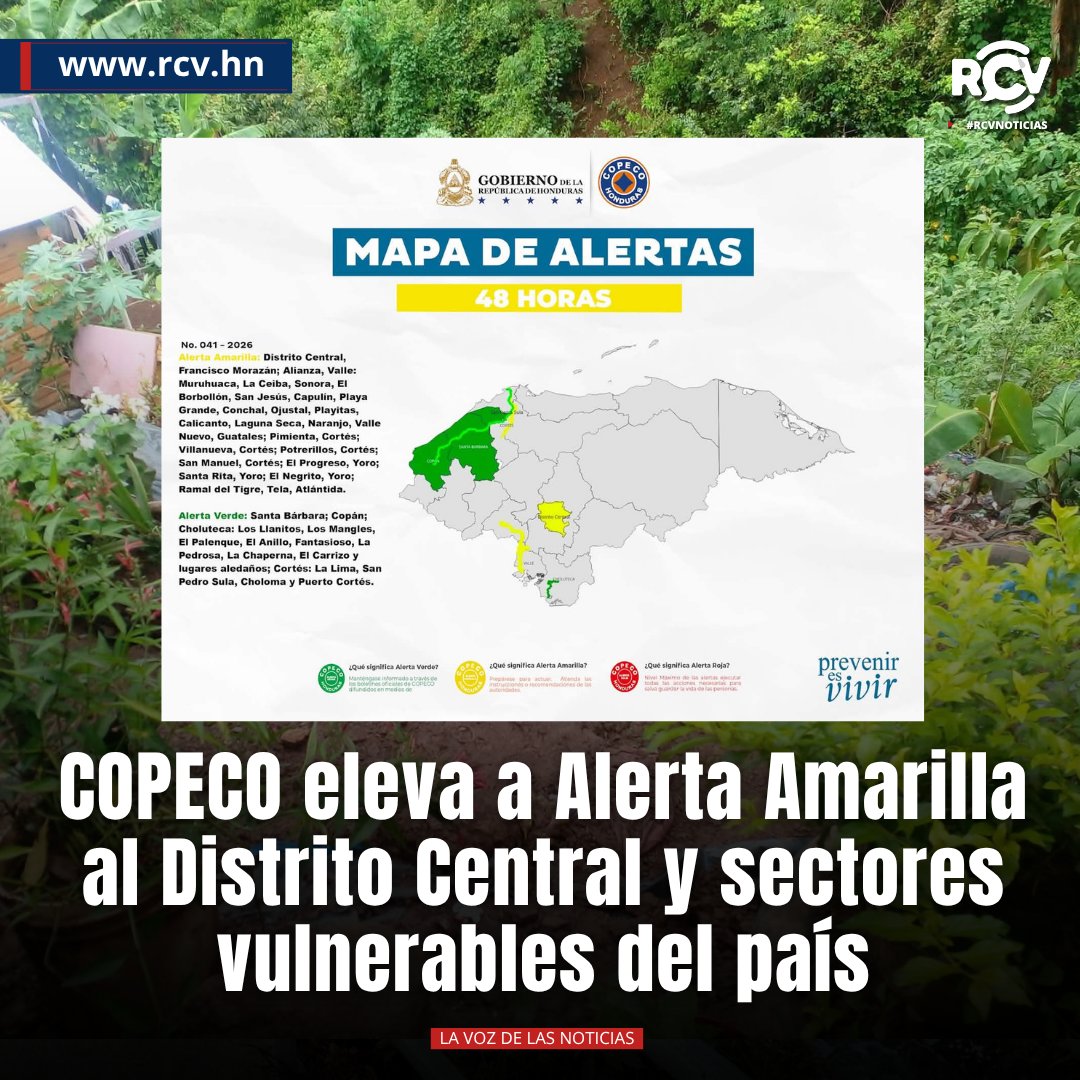 RCVHonduras's tweet photo. ⚠️ COPECO ELEVA A ALERTA AMARILLA AL DISTRITO CENTRAL Y SECTORES DEL VALLE DE SULA

COPECO estableció Alerta Amarilla para el Distrito Central, las partes bajas de la cuenca del río Goascorán, en Alianza, Valle, y sectores vulnerables del Valle de Sula.

Además, se mantiene Alerta Verde en Santa Bárbara, Copán y otras zonas bajas de las cuencas de los ríos Choluteca y Chamelecón.

Las alertas entran en vigencia este jueves 8 de octubre a partir del mediodía y tendrán una duración de 48 horas, ante el riesgo de crecidas de ríos, inundaciones y deslizamientos.

COPECO recomienda evitar cruzar ríos, quebradas y vados cuando aumente su caudal y atender las instrucciones de las autoridades.

#RCVNoticias #COPECO #AlertaAmarilla #Lluvias #Honduras
