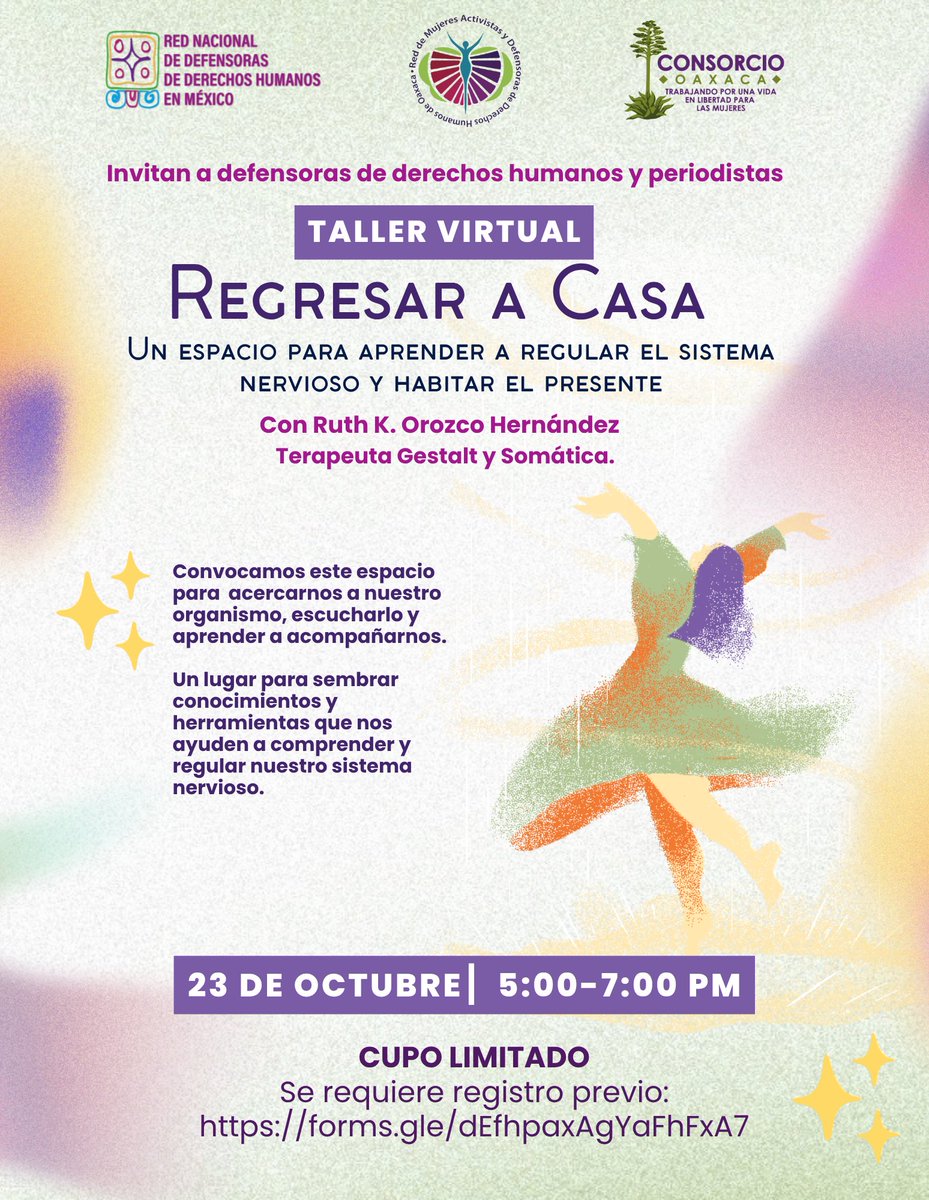 RedDefensorasMx's tweet photo. 𝑻𝒂𝒍𝒍𝒆𝒓 𝑽𝒊𝒓𝒕𝒖𝒂𝒍 "𝑹𝒆𝒈𝒓𝒆𝒔𝒂𝒓 𝒂 𝑪𝒂𝒔𝒂. 𝑼𝒏 𝒆𝒔𝒑𝒂𝒄𝒊𝒐 𝒑𝒂𝒓𝒂 𝒂𝒑𝒓𝒆𝒏𝒅𝒆𝒓 𝒂 𝒓𝒆𝒈𝒖𝒍𝒂𝒓 𝒆𝒍 𝒔𝒊𝒔𝒕𝒆𝒎𝒂 𝒏𝒆𝒓𝒗𝒊𝒐𝒔𝒐 𝒚 𝒉𝒂𝒃𝒊𝒕𝒂𝒓 𝒆𝒍 𝒑𝒓𝒆𝒔𝒆𝒏𝒕𝒆".  Cupo limitado! 📷 Registra tu asistencia:
https://t.co/YLy1HxdSvm https://t.co/UB3eXRYYWK