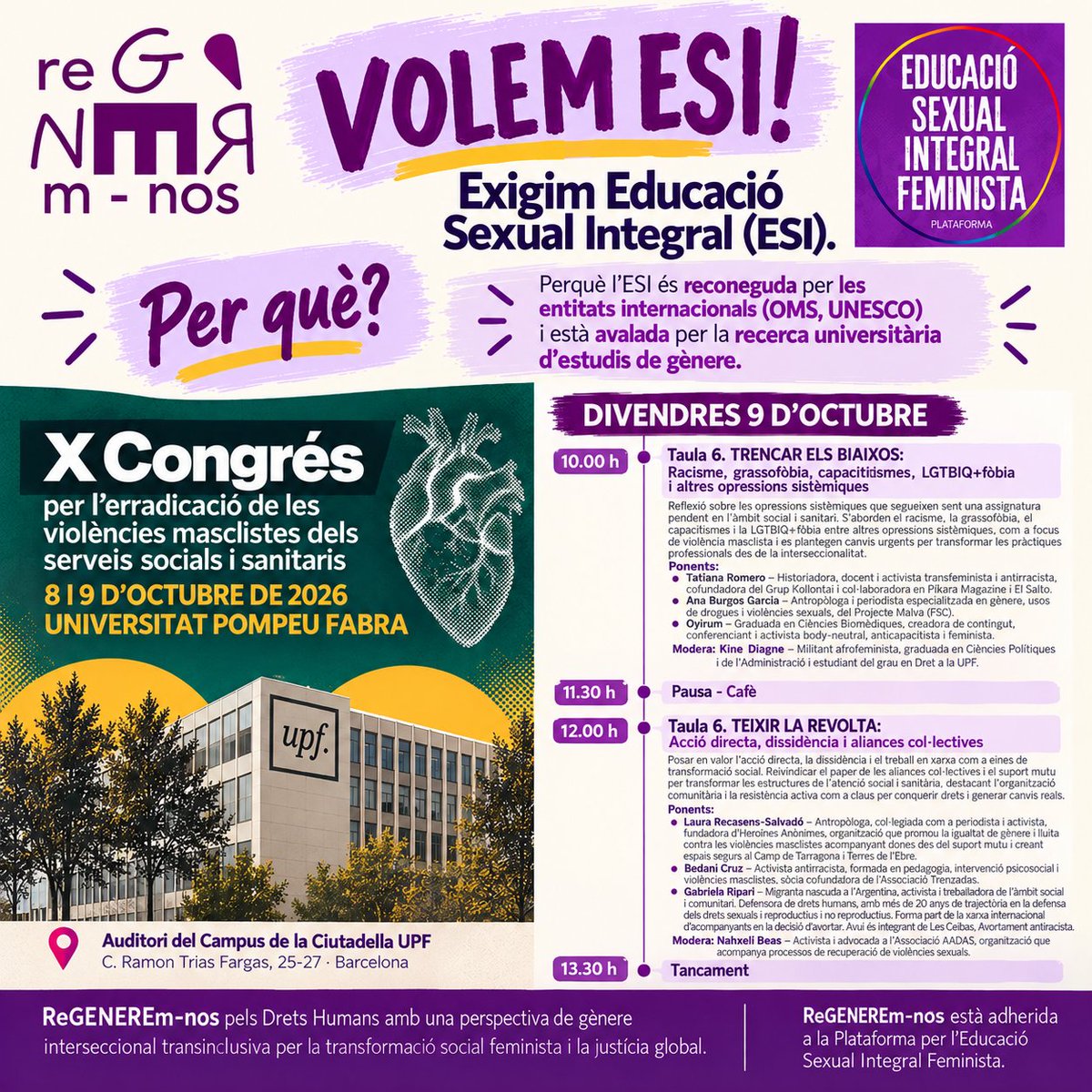 MaTeresaNaves's tweet photo. ⚧️💜🌈 @ReGENEREmNos recomana el X Congrés @HeliaDones per l'erradicació de les #violències #masclistes. Darrer dia divendres 9 Oct a la #UPF.

✊ ReGENEREm-nos també reclama Educació Sexual Integral com recomanen els organismes internacionals (OMS, UNESCO) i avalada l'acadèmia. https://t.co/gtEzAYIb8J