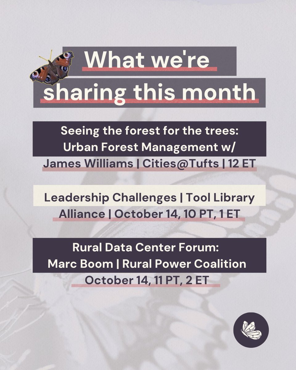 Shareable's tweet photo. We are looking forward to our next Wednesday line up &amp; we hope you join us for these resources and community sharing from our partners:

Wednesday, October 14 

📅 Cities@Tufts | 12 ET
📅 Tool Library Alliance | 1 ET
📅 Rural Data Center Forum | 2 ET

🔗: https://t.co/EJO2OgG37U https://t.co/ysXgCIOu1z