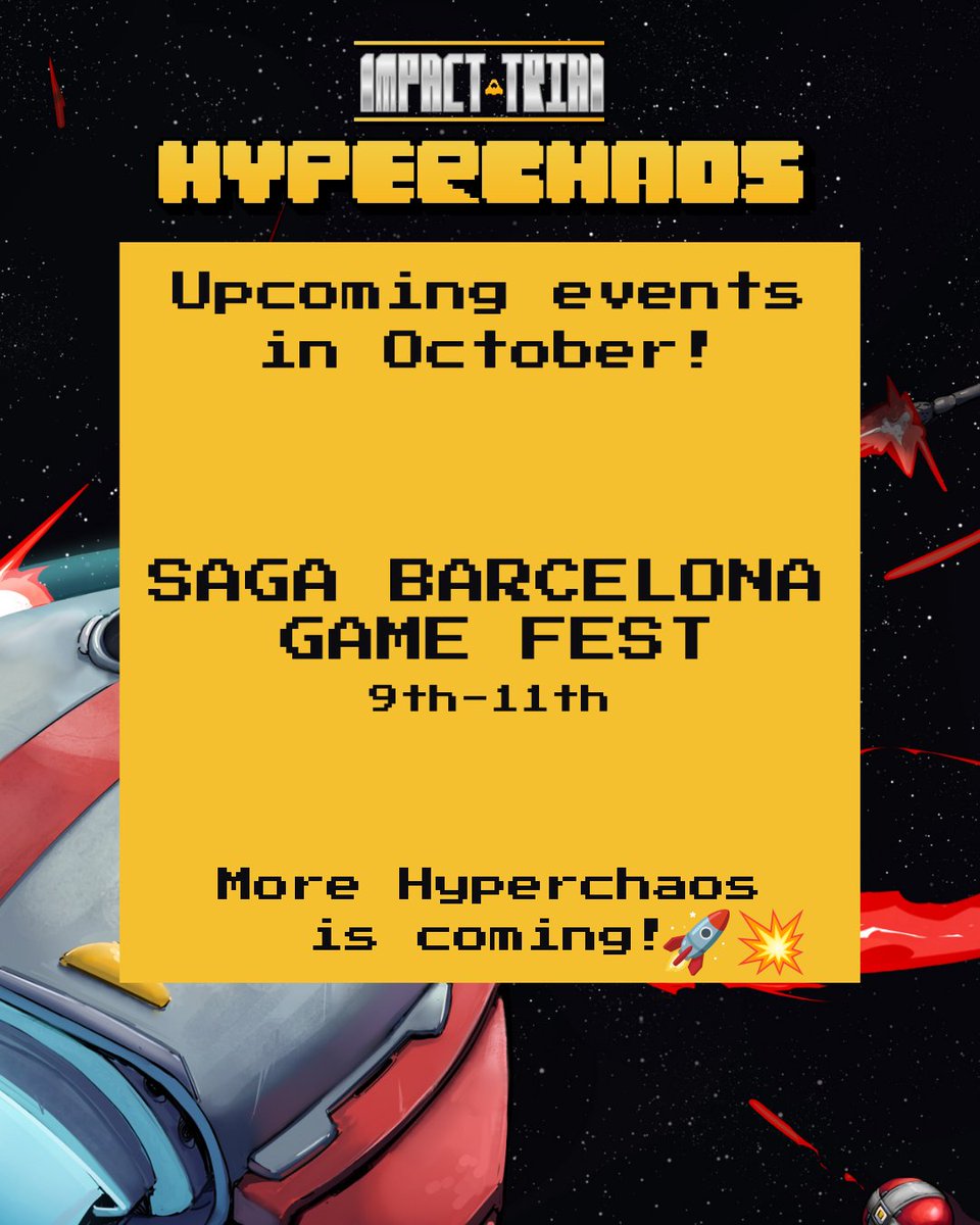 ithyperchaos's tweet photo. Impact Trial: Hyperchaos is coming to SAGA Barcelona Game Fest!

From 9th–11th October, you’ll be able to play the game at the event.

You can still check out Hyperchaos on Steam and if you like what you see, consider adding it to your wishlist.

More Hyperchaos is coming! 🚀💥 https://t.co/esp2y3ECA6